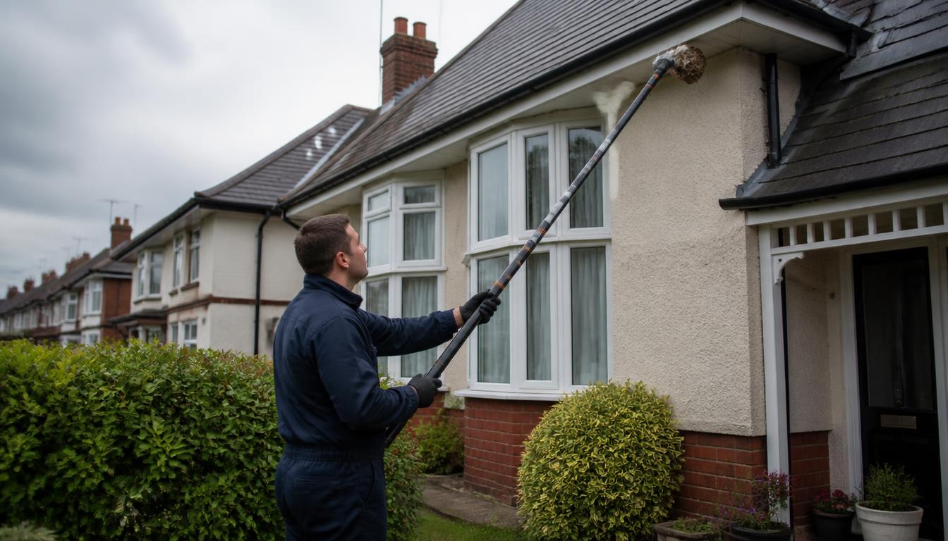 Pest control technician in protective gear treating a wasp nest under the eaves of an Ayrshire property
